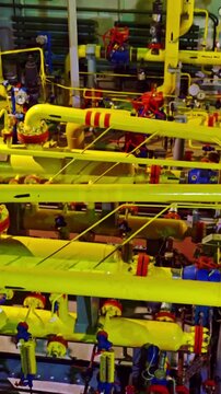 Pipeline system with sensors and controls. Advanced industrial pipeline setup with valves and automation. Comprehensive pipeline testing system including gauges and mechanical controls