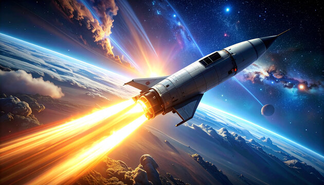Rocket launching above planet