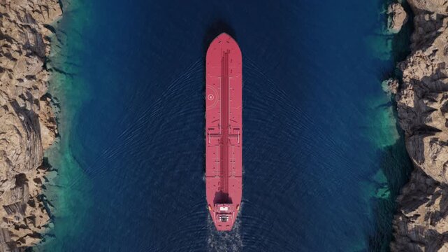 Top down view of oil tanker crossing narrow rocky strait