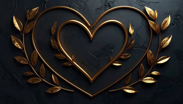 Gold double heart frame with laurel leaves on black background