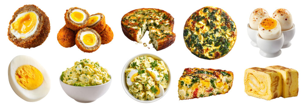 Set of eggs to cook prepare eat in different ways, scrambled egg salad, Scotch tamagoyaki Frittata, sous vide, soft hard boiled, sliced with mayo seasoning breaded, transparent cutout PNG Mockup