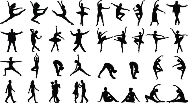 Collection of Black Human Silhouette Poses Featuring Dance Yoga Walking Ballet and Fitness Vector Set