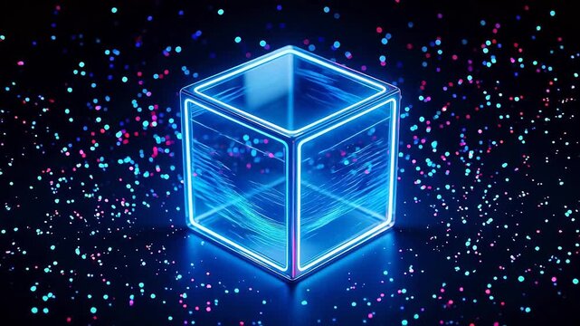 Neon glowing cube with sparkles