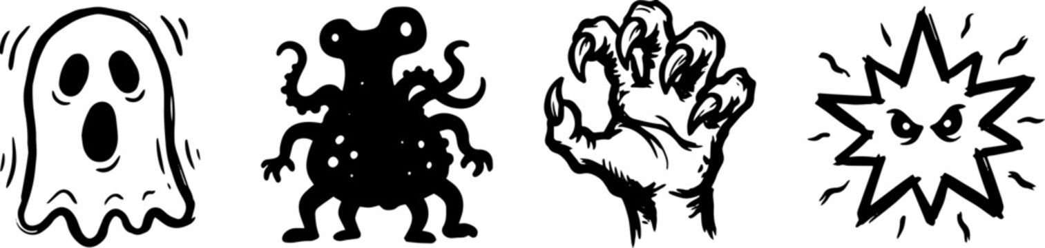 Collection of halloween monster characters including ghosts and scary claw design