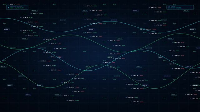 Futuristic digital data visualization interface, blue glowing wave charts and numerical statistics, high-tech analytics dashboard for cyber security