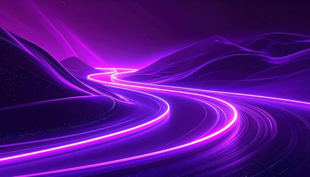 Glowing purple neon light trails through dark abstract mountains