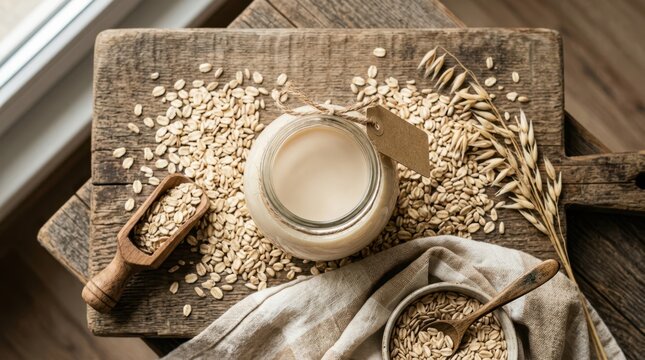 Homemade oat milk in a glass jar surrounded by raw oats and wheat stalks
