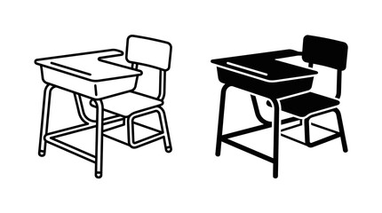 Fototapeta premium A set of two school desk icons featuring a simple line art style and a solid black silhouette style for education