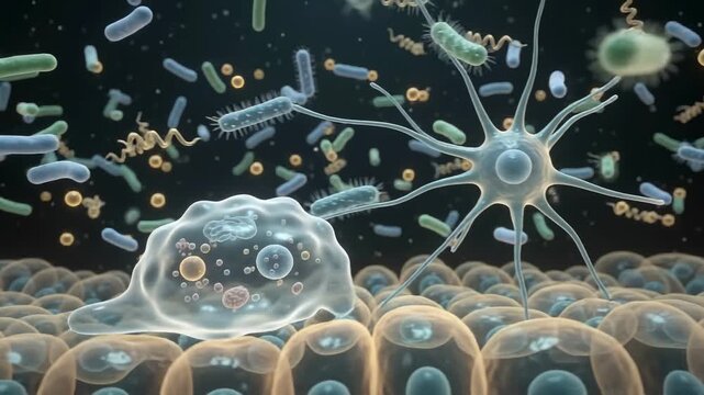 Immune system cells attacking bacteria on a tissue surface