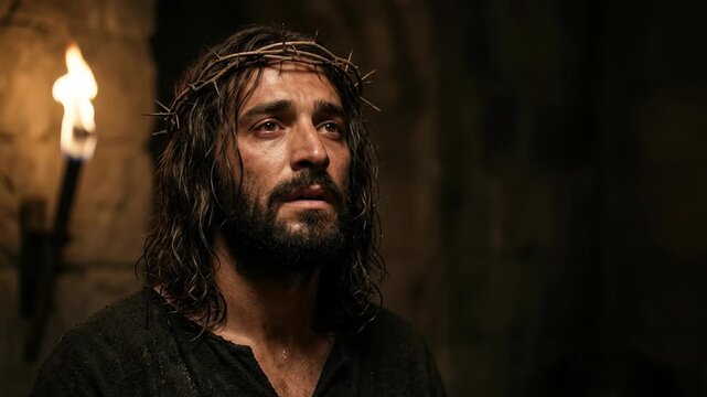 biblical portrait of jesus christ wearing a crown of thorns looking upwards in emotional pain during the holy week passion illuminated by a torch inside a dark ancient stone dungeon prison