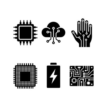 Minimalist black circuit and microchip technology icons for digital hardware and cloud systems