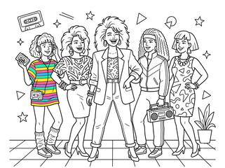 Obraz premium 80's Ladies coloring page on an isolated white background. Generated with AI