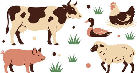 Obraz premium Farm animals vector illustration set featuring cow pig sheep hen and duck isolated on white background