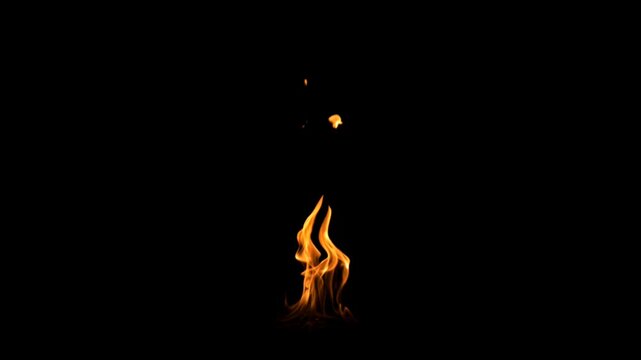 small flame burning with bright orange fire licking upward against a dark background for projects