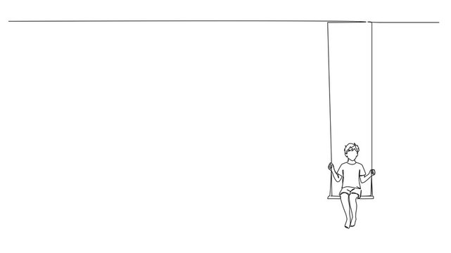 animated continuous line drawing of young boy on swing, line art animation