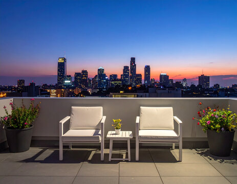 Rooftop chairs city skyline
