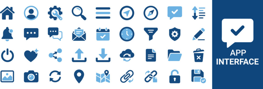App interface icon set featuring navigation, notification, messaging, upload, download, search, settings, and mobile application symbols.