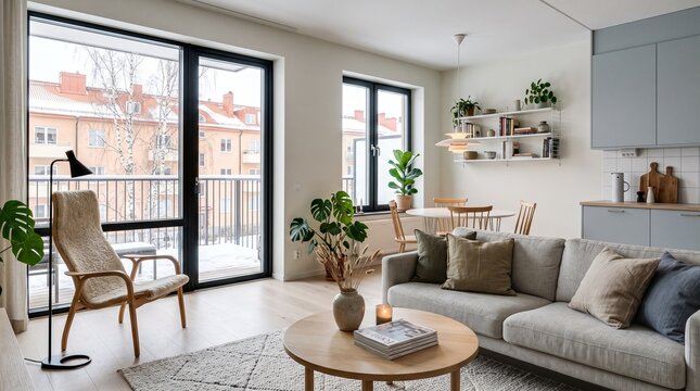 Modern Scandinavian Living Room with Balcony View