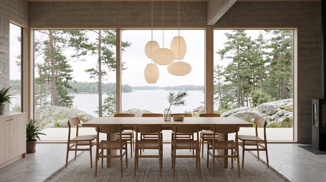 Scandinavian Dining Room with Lake View and Pendant Lights