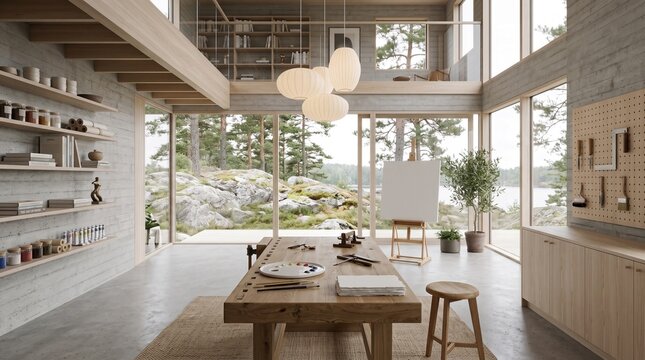 Modern Art Studio with Scandinavian Interior and Nature Views