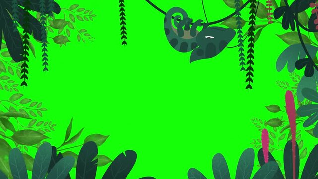 Chameleon hanging from jungle vines with small blue bird flying in forest