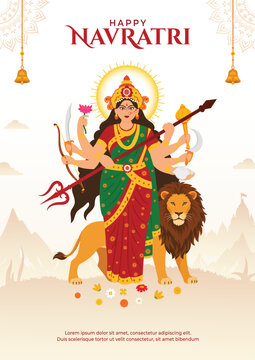 Goddess Durga Happy Navratri Illustration Poster Design With Serene Mountain and Temple Backdrop
