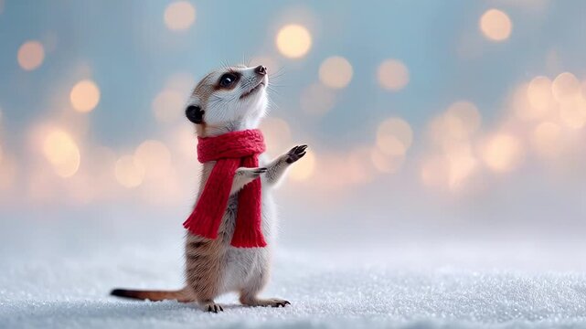 Adorable meerkat wearing red scarf gazes at sparkling lights in winter wonderland