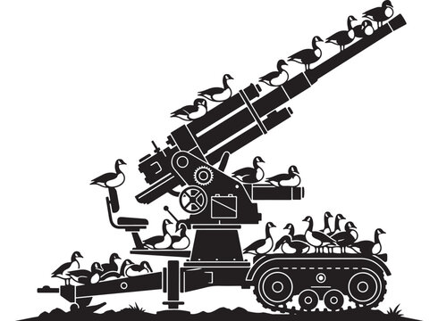 Machine Gun Silhouette with Birds Flocking on Barrel and Vehicle, Black Ink Style on White Background, Vintage Warfare Concept