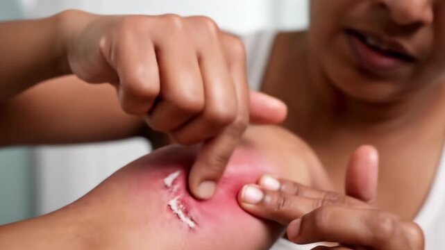 Sensitive skin allergic concept, Woman itching on her arm have a red rash from allergy symptom and from scratching