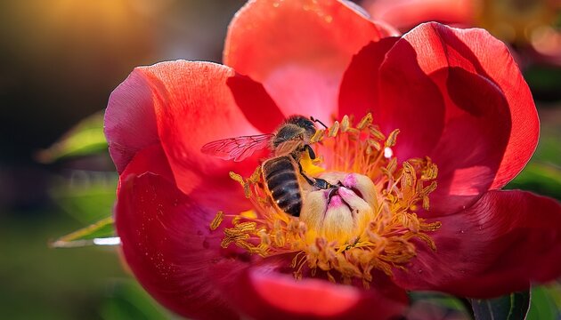 a red delicate peony in close up with a small bee collecting nectar for honey photos for the design