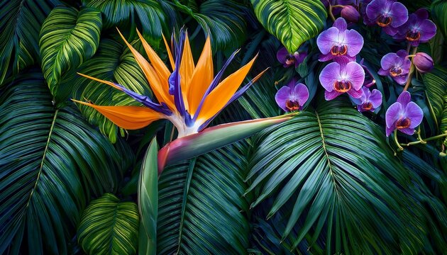 a vibrant bird of paradise flower and a cascade of purple orchids amidst lush green monstera leaves