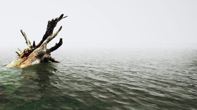 A log is partially submerged in the water of a lake. The surrounding fog makes the view unclear. The surface of the water reflects the log and the gray atmosphere above.