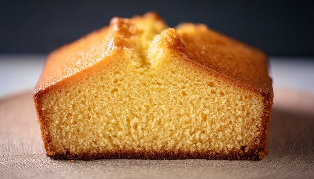 close up of a moist golden butter pound cake slice showing soft crumbly texture and a browned crust