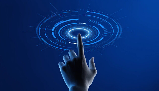 Human finger touching a digital interface panel isolated on transparent background