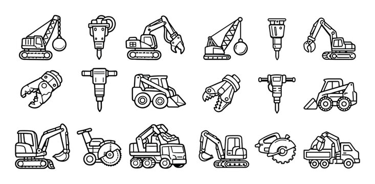 Construction and machinery design icons with excavator, crane and drill for web interface in minimal outline style