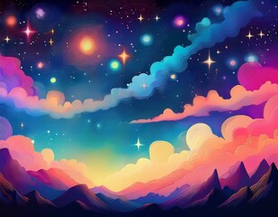 Obraz premium hand drawn multicolor background night sky with stars and clouds