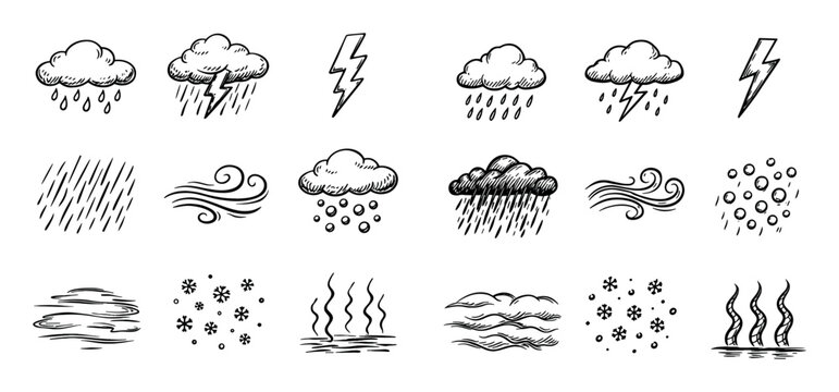 Weather and nature concept icons with rain cloud, lightning bolt and snowflake for web design in outline style