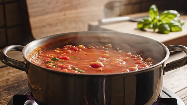 Fresh Tomato Sauce Simmering in a Pot on a Stove in a Kitchen