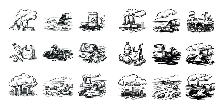 Pollution and environmental hazard concept icons with factory, toxic spill and litter for presentation design in hand drawn style