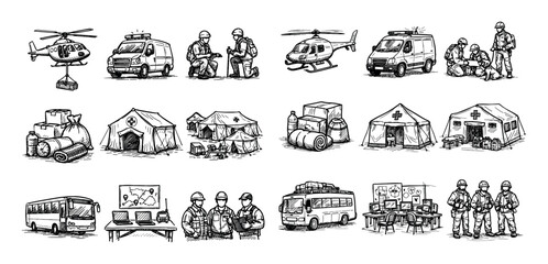 Emergency and military concept icons with helicopter, medical tent and soldier for infographic design in outline style © Olena
