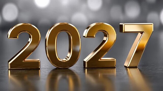 Shimmering gold 2027 numbers with sparkling reflections on glossy surface