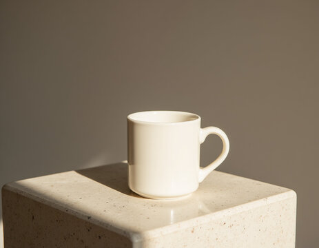 Blank Cream Ceramic Mug Mockup Standing on Stone Cube Podium in Warm Sunlight Shadow