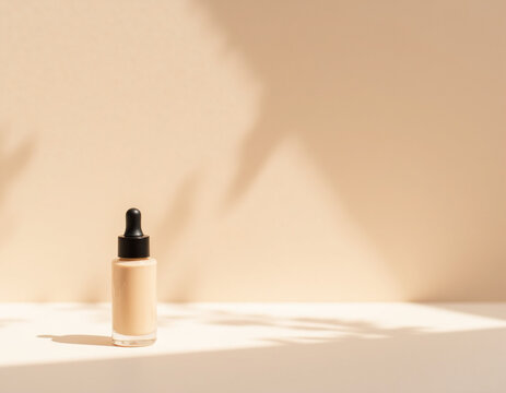 Blank Glass Serum Dropper Bottle Packaging Mockup Standing on Warm Beige Background with Leaf Shadow