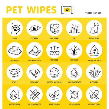 Pet wipes icon set. The outline vector icons are well scalable and editable for packaging label design. Great for infographic for different backgrounds. EPS10.