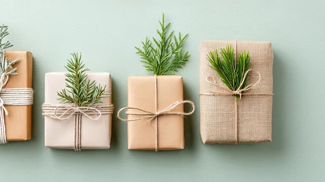 Artful arrangement of rustic gift boxes with greenery on pastel background