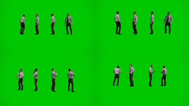 3d animated cartoon animation people standing and walking on green screen chromakey background. Diverse animated characters in casual outfits creating natural pedestrian crowd flow perfect for ur