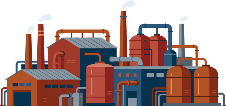 Flat vector illustration of a heavy industrial factory . Manufacturing plant buildings, tall smoke stacks, storage tanks, complex pipeline networks, isolated white background .