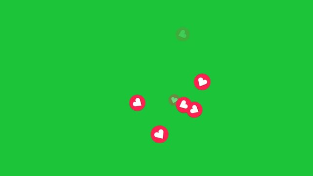Red heart icon bubbles floating upward on green screen background motion graphic element