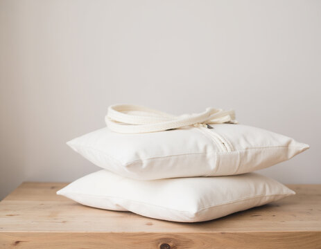 Stack of Blank White Canvas Throw Pillows Mockup Placed on Wooden Shelf in Minimalist Room