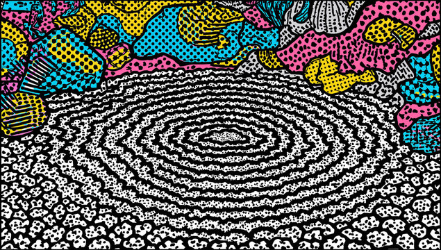 ポップアート風ベクターイラストの静寂な寺院の枯山水と石の配置